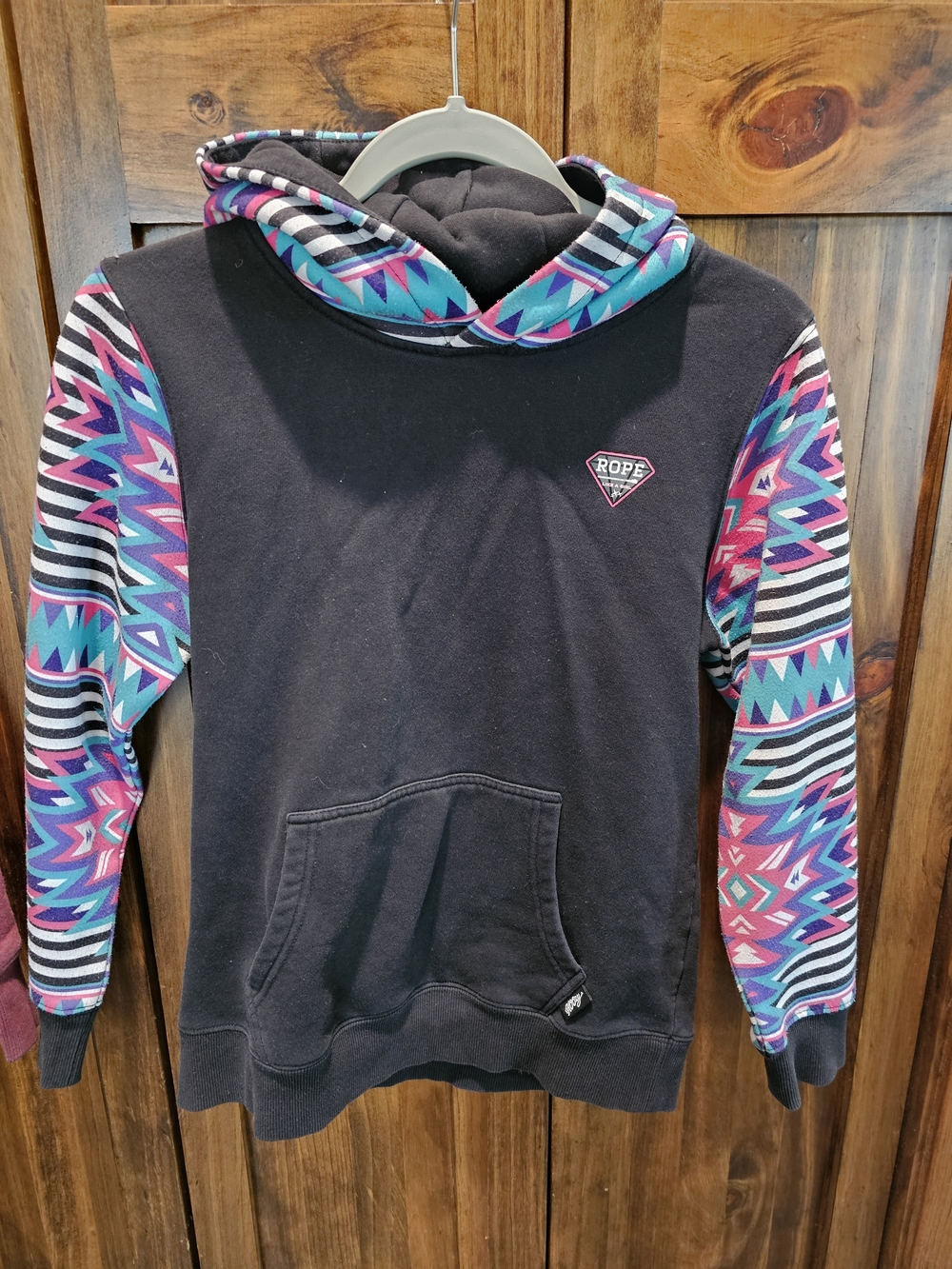 Hooey Black Hoodie Sweater with Teal & Magenta Aztec Sleeves